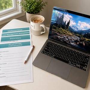 May include: A silver laptop displaying a mountain landscape, a white ceramic mug, a white pen, and a stack of printed forms labeled Additional Notes, Case Management Assessment, Medical History, and RN Case Manager-Initial Assessment on a table.