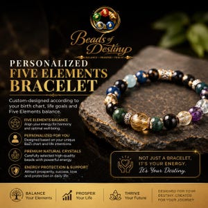 May include: A beaded bracelet featuring a variety of polished natural stones in shades of black, green, purple, clear, and gold-flecked quartz, accented with silver-toned metal spacers. The text reads Beads of Destiny, Personalized Five Elements Bracelet.