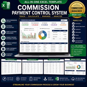 May include: An all-in-one Excel template for a commission payment control system displayed on a laptop screen. The dashboard features data visualisations, including bar charts and a pie chart, alongside tables for tracking transactions, agent statements, and monthly summaries.