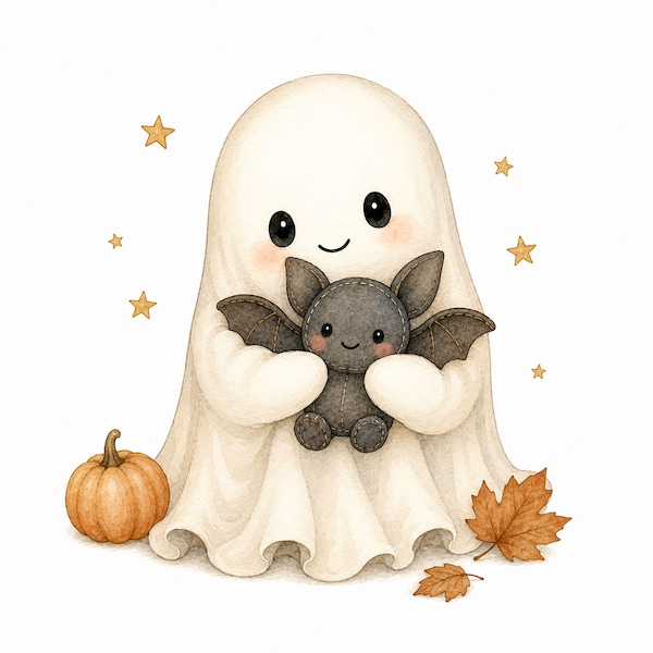 Pakiet 20 JPG Fantastycznych Klipartów Duchów, Urocze Duchy, Akwarele na Halloween, Pobieranie Cyfrowe, Użytek Komercyjny