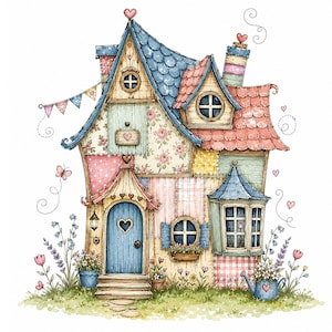 28 JPG Whimsical Cottage House Clipart Bundle, Watercolor Patchwork Houses, Vintage Storybook Graphics, Commercial Use
