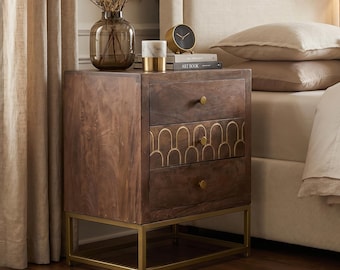 Mango Wood Nightstand Gold Geometric Inlay Bedside Table Boho Night Stand Art Deco End Table 3 Drawer Bedroom Storage Furniture