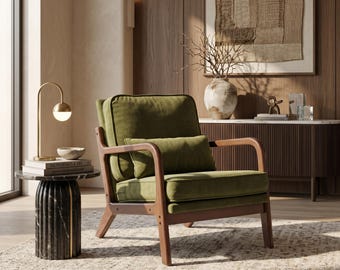 Mid Century Modern Wooden Accent Chair with Arms, Upholstered Lounge Chair, Luxury Reading Chair, Solid Wood Living Room Furniture