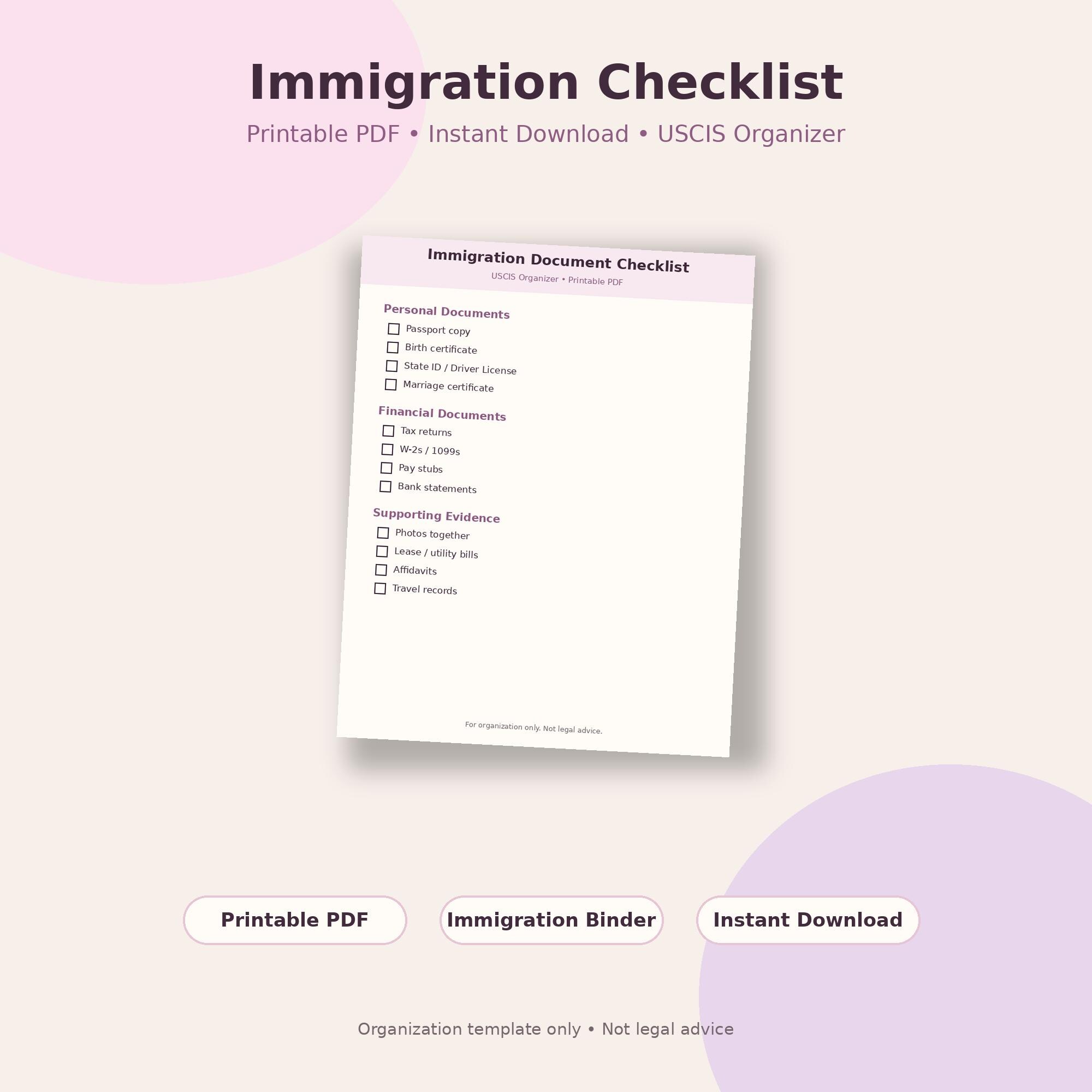Immigration Document Checklist Printable | USCIS Organizer PDF ...