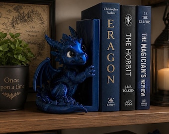 Dragon Bookend – Cute Navy Blue 3D Printed Fantasy Bookshelf Decor, Dragon Book Holder, Gothic Desk Shelf Organizer, Fantasy Gift