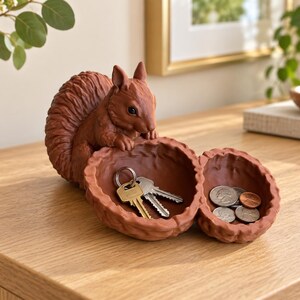 May include: A reddish-brown squirrel figurine featuring two attached, hollowed-out walnut shell halves. The squirrel is positioned behind the larger shell, which holds a set of metal keys, while the smaller shell contains several silver and copper coins.