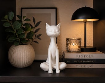 Zen Cat Statue, Minimalist Meditation Sculpture, Modern Shelf Decor