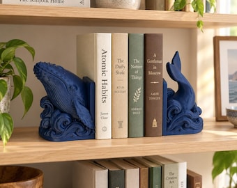 Whale Bookends Set of 2, 3D Printed Ocean Waves Book Holders, Coastal Bookshelf Decor, Gift for Book Lovers