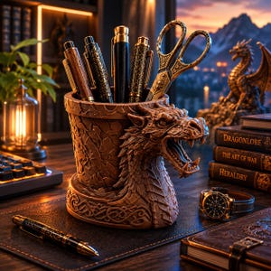 May include: A brown, cylindrical desk organizer featuring a sculpted dragon head with an open mouth. The container holds several pens and a pair of ornate metal scissors. The exterior surface has a textured, stone-like appearance with intricate patterns.