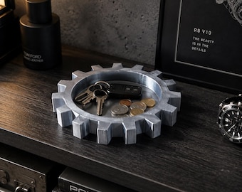 Gear Valet Tray, 3D Printed Catchall Organizer for Keys & Coins, Industrial Desk Decor, Entryway Tray, Gift for Him, Garage Decor