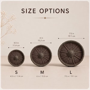 May include: Three circular dark brown trays with intricate carved patterns, labeled S, M, and L. Sizes are 4.5 inches, 6 inches, and 7.5 inches in diameter. The text SIZE OPTIONS is displayed at the top, with measurements provided in inches and cm.