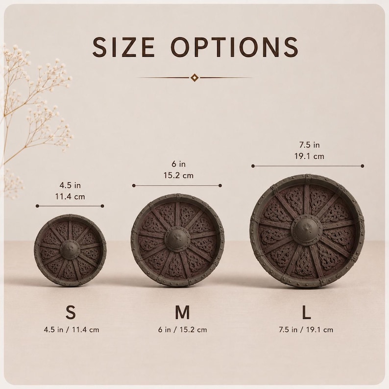 May include: Three circular dark brown trays with intricate carved patterns, labeled S, M, and L. Sizes are 4.5 inches, 6 inches, and 7.5 inches in diameter. The text SIZE OPTIONS is displayed at the top, with measurements provided in inches and cm.