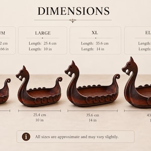 May include: Four brown wooden Viking ship bowls in Medium, Large, XL, and Elite sizes. Dimensions are labeled: Medium 22 cm (8.66 in), Large 25.4 cm (10 in), XL 35.6 cm (14 in), and Elite 43.2 cm (17 in). Text reads: DIMENSIONS and All sizes are approximate.