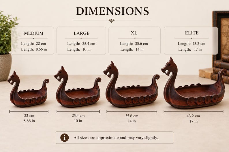 May include: Four brown wooden Viking ship bowls in Medium, Large, XL, and Elite sizes. Dimensions are labeled: Medium 22 cm (8.66 in), Large 25.4 cm (10 in), XL 35.6 cm (14 in), and Elite 43.2 cm (17 in). Text reads: DIMENSIONS and All sizes are approximate.