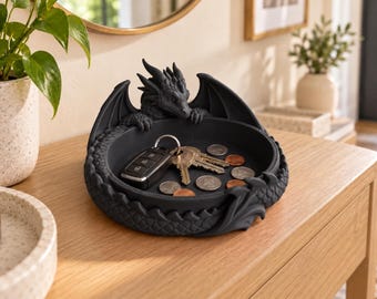 Dragon Trinket Dish with Wings, 3D Printed Jewelry Bowl, Ring and Key Holder, Fantasy Desk Decor