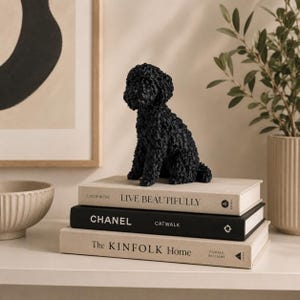 Könnte beinhalten: Eine schwarze, texturierte Hundefigur, die auf einem Stapel aus drei Büchern sitzt. Das oberste Buch trägt den Titel Live Beautifully, das mittlere Chanel Catwalk und das untere The Kinfolk Home. Der Hund hat ein lockiges Fell und blickt nach vorne.