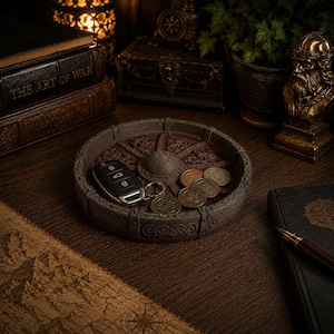 May include: A circular, dark brown resin tray with a raised rim featuring intricate Celtic knotwork patterns. The center of the tray displays a textured, wheel-like design. Inside the tray are a black car key fob and four small, round metal coins.