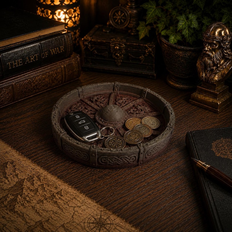 May include: A circular, dark brown resin tray with a raised rim featuring intricate Celtic knotwork patterns. The center of the tray displays a textured, wheel-like design. Inside the tray are a black car key fob and four small, round metal coins.