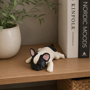 Könnte beinhalten: Eine kleine französische Bulldoggen-Figur, die flach auf dem Bauch liegt. Der Hund ist cremefarben mit schwarzen Flecken um die Augen, Ohren und auf dem Rücken. Er hat einen kurzen schwarzen Schwanz, rosa Ohrinnenseiten und eine schwarze Schnauze.
