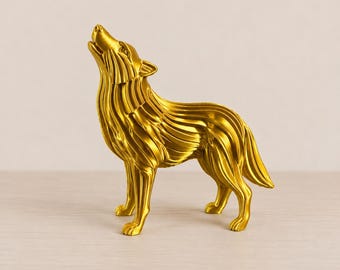 Howling Wolf Figurine, Metallic Gold 3D Printed Sculpture, Modern Wildlife Decor