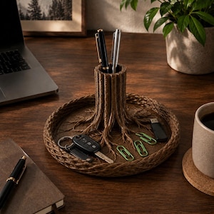 May include: A brown desk organiser shaped like a tree stump with a central pen holder and a circular tray base. The surface features a textured root design. It holds two pens, a set of car keys, a black USB drive, and three green paper clips.