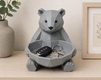 Low Poly Bear Jewelry Dish, Cute Bear Catchall Tray, 3D Printed Bear Bowl Organizer, Entryway Key Holder, Modern Animal Desk Decor