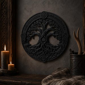 Pode incluir: Uma placa de parede circular preta com uma escultura em relevo intrincada de uma árvore com raízes e ramos espalhados. O design inclui padrões geométricos na borda e pequenos símbolos triangulares integrados na árvore.