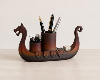 Viking Ship Desk Organizer, Norse Dragon Boat Pen Holder, 3D Printed Accessory