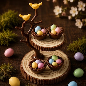 May include: A two-tiered chocolate display stand featuring a tree branch structure with two yellow birds perched on top. The stand holds four chocolate nests, each containing three pastel-colored candy eggs in shades of blue, pink, and yellow.