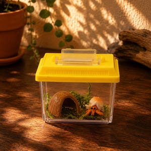 May include: A small, clear plastic habitat enclosure with a bright yellow lid and a handle. Inside, there is a miniature orange hermit crab figurine, a brown half-coconut shell hide, and green artificial moss on the bottom of the container.