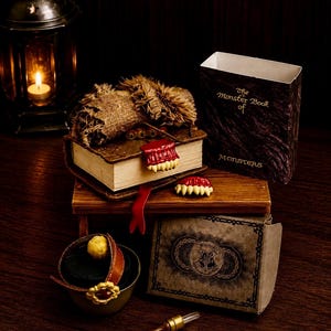 May include: A replica of The Monster Book of Monsters with brown fur and red teeth, a matching box, a small Hogwarts-themed container, a brown leather strap with a gold-tone flower accent, and a small wooden wand with a clear crystal tip.