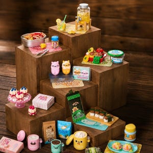 May include: A collection of miniature food and kitchen items including a drink dispenser, tiny cat figurines, a box labeled Kitty Deco, a bag of flour, a coffee bag, and various small food dishes like sushi, cakes, and drinks arranged on wooden blocks.
