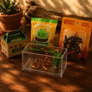 May include: A clear rectangular enclosure containing a small orange and black patterned snake figurine and a green plastic plant. Nearby are a cardboard pet carrier, a yellow packet labelled Desert Mix, and a package labelled Desert Tails Wood Branch.