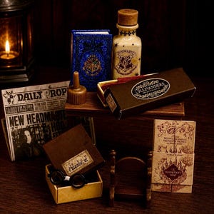 May include: A collection of miniature items including a blue book with a crest, a cream-colored bottle labeled Hogwarts, a black Ollivanders box, a Daily Prophet newspaper, a brown box with glasses, and a Marauder's Map with Moony, Wormtail, Padfoot, and Prongs.