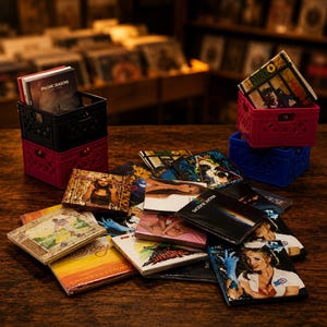 May include: A collection of music CDs scattered on a surface, with some stacked in small black, pink, and blue plastic crates. The CD covers feature various graphic designs, including portraits and text like Imagine Dragons and Sounds of Summer.