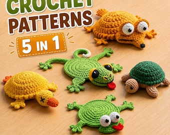 Häkelanleitungen für Tieruntersetzer & Amigurumi | Frosch, Schildkröte, Ente, Eidechse, Eichhörnchen (5 PDFs)