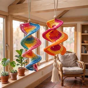 Häkelanleitungsset für einen spiralförmigen Windspinner, Regenbogen-Sonnenfänger & Gartenspinner (PDF), einfache Boho-Hängedekoration, Häkelanleitung für Anfänger