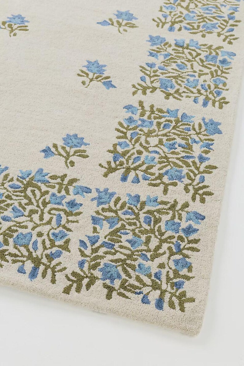 Ivory Blue Floral Hand Tufted Wool Rug Botanical Border Area Rug ...