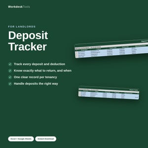 May include: A digital Deposit Tracker spreadsheet template for landlords on a dark green background. The text reads WorkdeskTools, For Landlords, Deposit Tracker, and lists features including tracking deposits, deductions, and tenancy records.