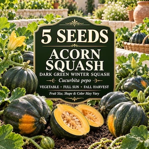 Puede incluir: Un letrero verde oscuro con texto blanco que dice 5 SEEDS ACORN SQUASH DARK GREEN WINTER SQUASH Cucurbita pepo VEGETABLE FULL SUN FALL HARVEST Fruit Size, Shape & Color May Vary, rodeado de varias calabazas bellota en un jardín.