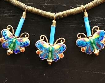 Vintage Laurel Burch Cloisonne 22K Gold Sterling Silver Butterfly Necklace