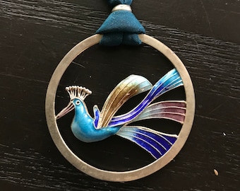 Vintage Laurel Burch Cloisonne Sterling Silver Peacock Bird Pendant