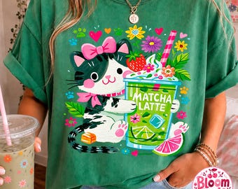 Kawaii Tuxedo Cat Matcha Latte PNG, Kitten Iced Drink Sublimation (Digital Download)