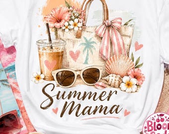 Summer Mama PNG Design, Beach Mom Graphic with Iced Coffee, Sunglasses, Seashells and Flowers for T-Shirts