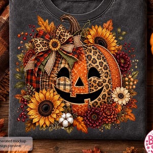 Citrouille Jack O Lantern patchwork PNG, motif léopard et tournesols pour Halloween (téléchargement numérique)