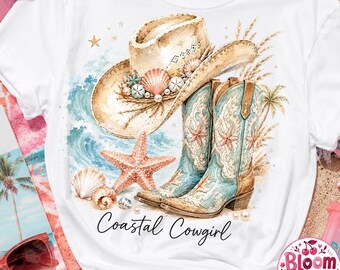 Coastal Cowgirl PNG Design, Western Beach Graphic with Cowboy Boots, Straw Hat, Starfish and Seashells for T-Shirts
