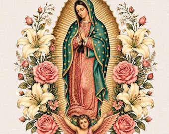 Our Lady of Guadalupe Floral PNG, Virgin Mary Catholic Graphic (Digital Download)