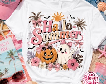 Hallo Summer PNG, Ghost Pumpkin Beach Shirt, Pink Spooky Sublimation DTF Download