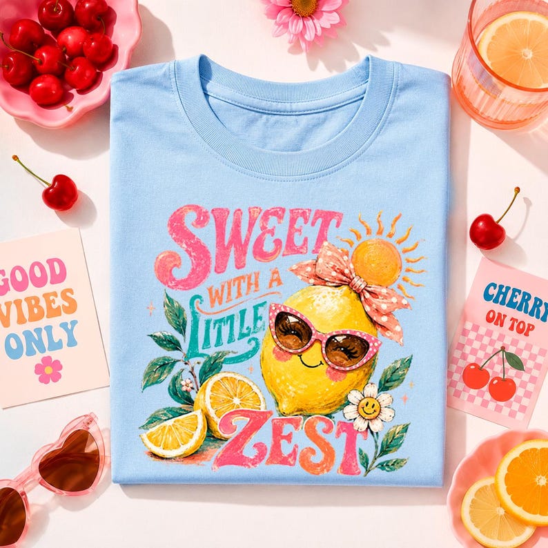 May include: Light blue t-shirt with a lemon graphic wearing sunglasses and a bow, the text reads "Sweet with a little zest". The image includes cherries, orange slices, and the text "Good Vibes Only" and "Cherry on Top".