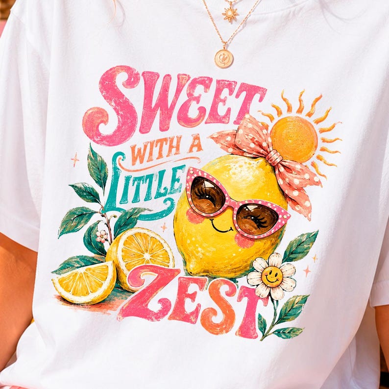 Cute smiling lemon wearing pink sunglasses and a polka dot bow with lemon slices, green leaves, a daisy, sun, and the text “Sweet With a Little Zest.”